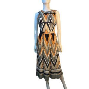 Massimo Dutti Sleeveless Chevron Pleated Midi Dress Orange/Beige/Black Sz 4 EUC